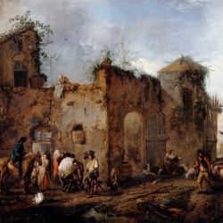 Courtyard with a Farrier shoeing a Horse
